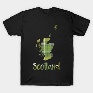 Scotland Green and Yellow Tartan Map Typography Design T-Shirt